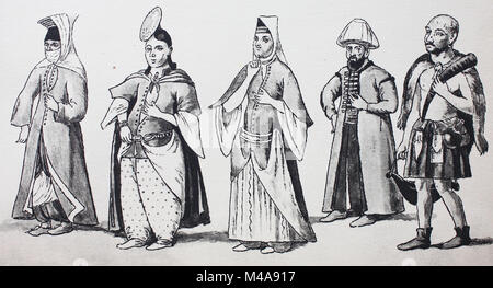Fashion, clothes in Turkey in the 17th century, from the left, a lady in a street dress, a lady of Sarei, a Turkish lady in house clothes, an imam, a prayer leader in a mosque, and a wandering dervish, digital improved reproduction from an original from the year 1900 Stock Photo