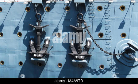 Russia, Saint Petersburg - June 20, 2012: Two anchors on Board the cruiser Aurora and the anchor chain Stock Photo