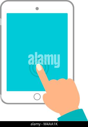 hand of woman hold tablet and pointing on the blank screen concept vector illustration Stock Vector