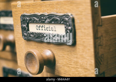 The Archives Card Catalog , old wooden file catalog box, index , database, archive and library concept. Stock Photo