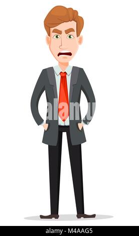 Business man with blond hair, cartoon character. Handsome businessman in suit with angry face and hands in pockets. Vector illustration isolated on wh Stock Vector