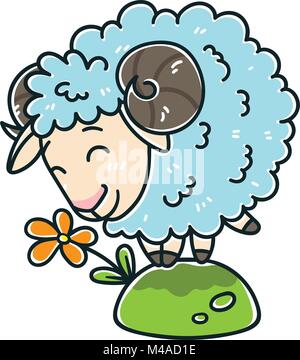 Sheep with a flower. Isolated objects on white background. Vector illustration. Stock Vector