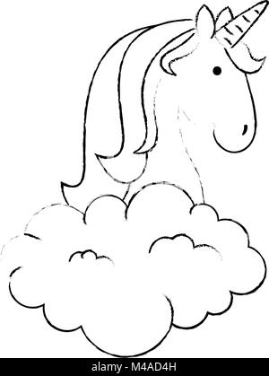 cute unicorn over cloud fantasy sticker Stock Vector