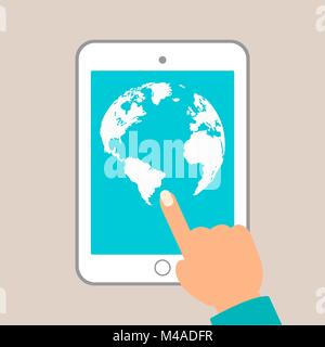 World map in dots. tablet in hands Stock Vector