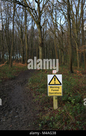 Sign warning of forestry operations in the Wyre forest, Worcestershire, uk