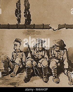 World War One  British Tommies (soldiers) guarding a German Prisoner of War - From a postcard of the time Stock Photo