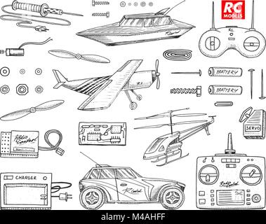 RC transport, remote control models. toys or instruments. set details. devices, equipment, tools for service and technical repair. boat or ship, technologies. radios system. engraved hand drawn. Stock Vector