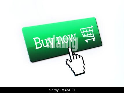Pixel hand cursor point and push a buy now button on an internet store. Macro close up. Online shopping and e commerce concept. Stock Photo