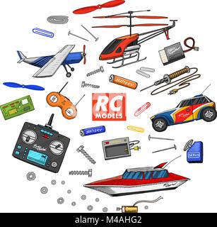RC transport, remote control models. toys or instruments. set details. devices, equipment, tools for service and technical repair. boat or ship, technologies. radios system. engraved hand drawn. Stock Vector