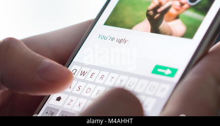 Internet troll sending mean comment to picture on an imaginary social media website with smartphone. Cyber bullying and bad behavior online concept. Stock Photo
