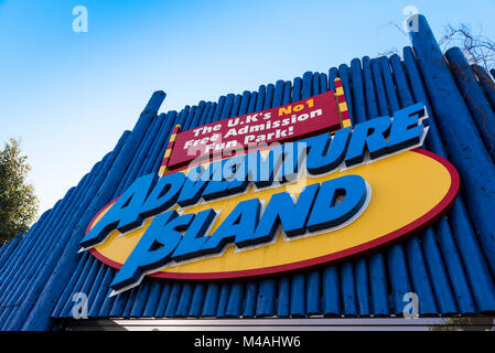 Adventure Island amusement park, Southend on Sea, sign above the entrance. Stock Photo