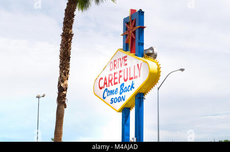 Las Vegas sign from the other side and back view seen when exiting the city. Drive carefully, come back soon. Stock Photo