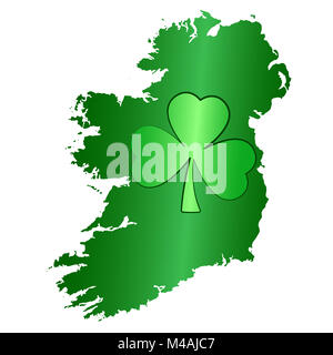 Green shamrock symbol and Ireland island silhouette. Image for Saint Patricks Day, also called Feast of Saint Patrick, celebrated on March seventeen. Stock Photo