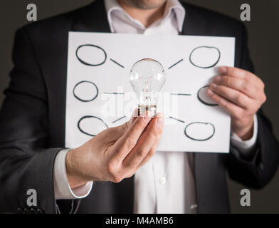 Mind map, new idea, innovation and brainstorming concept. Business man in a suit holding light bulb and a mindmap. Stock Photo