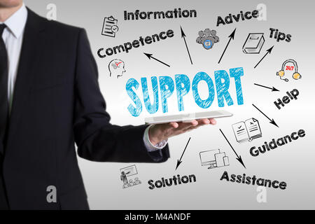 support Concept. Chart with keywords and icons. young man holding a tablet computer Stock Photo