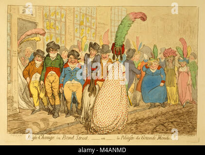 High-change in Bond Street, - ou- la Politesse du Grande Monde by James Gilray published 1796. Fashionably dressed pedestrians on Bond Street. In the foreground, five men crowd a woman and girl off the sidewalk as they leer at them. The women, seen from the back, are oddly dressed. In the background, three ladies, also in exaggerated costumes, walking arm-in-arm in the roadway. Stock Photo
