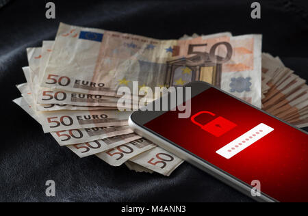 Hacked. Cyber security and mobile hacking concept. Smartphone and a lot of money and 50 euro bills. Online criminal login to personal information. Stock Photo