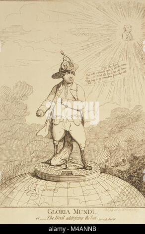 Gloria Mundi, or The Devil addressing the sun by james Gillray published 1782. Cartoon showing Charles James Fox standing on a roulette wheel perched atop a globe showing England and continental Europe, the implication is that his penniless state, indicated by turned-out pockets, is due to gambling; he looks over his left shoulder up at a bust of Shelburne who, like the sun, is beaming radiantly. Like Edmund Burke, Fox resigned his position as foreign secretary in protest at the appointment of Shelburne following Stock Photo