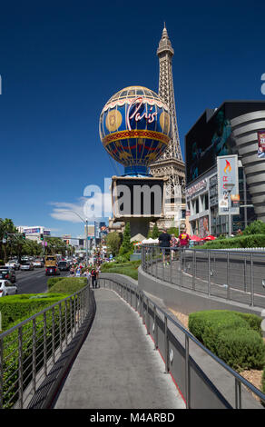 Las Vegas Strip sidewalk and Paris Las Vegas Hotel, Nevada, USA Stock Photo