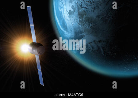 3D rendering of a satellite orbiting the earth Stock Photo