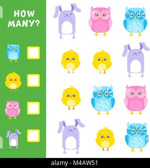 Educational mathematical game for kids. How many animals calculation. Vector illustration. Stock Vector
