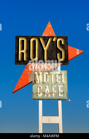 Vintage neon sign of Roy's motel and cafe on Route 66 