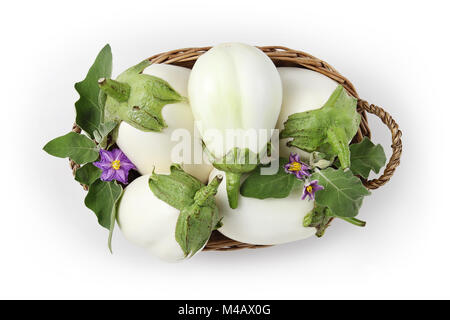 top view food white eggplants with flowers and leaf in basket isolated on white background Stock Photo