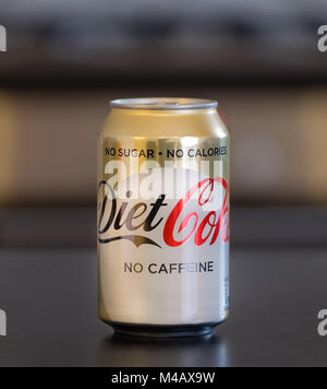 Largs, Scotland, UK - February 14, 2018: A tin of Diet coke without caffeine on a kitchen counter and off the cokacola brand Stock Photo