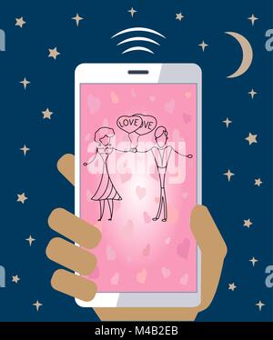 Mobile phone in hand sending love wedding Valentine. Stock Vector