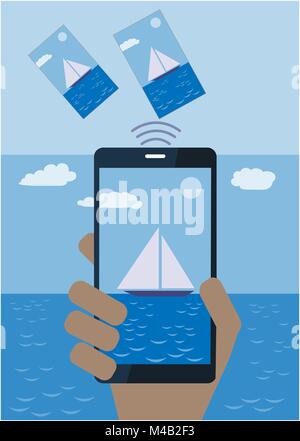 Hand with a mobile phone send a photo from sea vacation Stock Vector