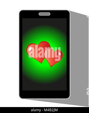 Two red hearts on the mobile phone display. Stock Vector