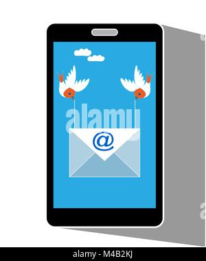 Mobile phone display showing bird carrying an email message electronic letter Stock Vector