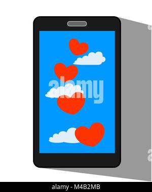 Flying lovers happy red hearts on the mobile phone display. Stock Vector