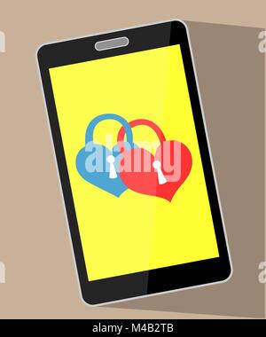 Two bonded hearts of a padlock on mobile phone display conceptual image Stock Vector