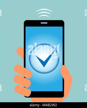 Hand holding smartphone with online payment and check mark the completion of the operation Stock Vector