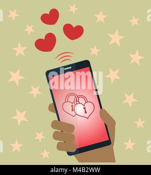 Valentine card Hand holding a mobile phone with hearts vecyor design Stock Vector