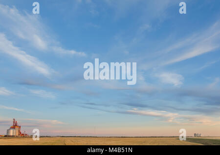 multicolored, fluffy, tender cirrus clouds, yellow field, elevator and silver barns for grain, timber, freight cars of a train, white tower, radio and Stock Photo