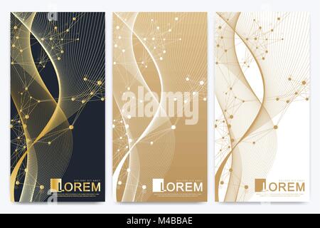 Modern set of vector flyers. Molecule and communication background. Geometric abstract golden package. Connected line with dots. Golden design in trendy linear style. Stock Vector