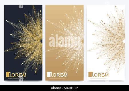 Modern set of vector flyers. Molecule and communication background. Geometric abstract golden package. Connected line with dots. Golden design in trendy linear style. Stock Vector