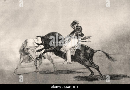 Francisco de Goya y Lucientes - The same Ceballos mounted on another Bull breaks Short Spears in the Ring at Madrid, plate 24 of La Tauromaquia Stock Photo