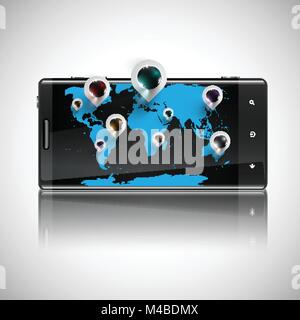 World map with 3D pins on a telephone, vector Stock Vector