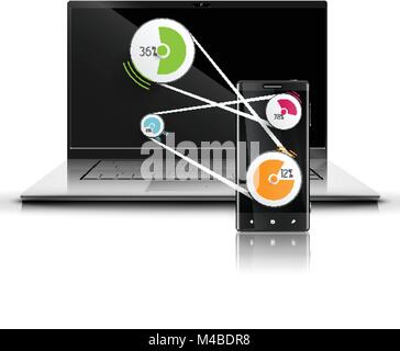 Laptop and mobile phone working together, vector Stock Vector