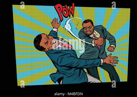 The fight business, a heavy blow. Competition businessmen concept. Pop art retro vector illustration comic cartoon vector vintage kitsch drawing Stock Vector