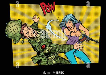 woman vs man. Civil beats invader military soldier. Struggle for peace. Protest against the occupiers. Pop art retro vector illustration comic cartoon Stock Vector