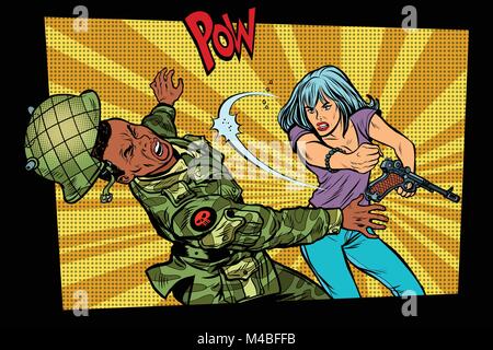 woman vs man. Civil beats invader military soldier. Struggle for peace. Protest against the occupiers. Pop art retro vector illustration comic cartoon Stock Vector