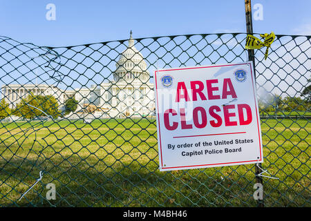 US Capitol grounds fenced off. Area Closed sign Stock Photo