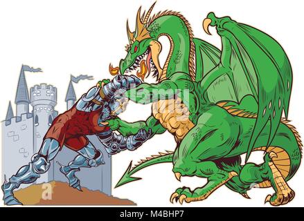 Vector cartoon clip art illustration of a muscular knight mascot wrestling with a tough mean dragon on a castle background. Characters on separate lay Stock Vector