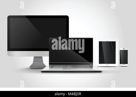 Realistic smartphone, tablet, notebook, pc, vector illustration Stock Vector