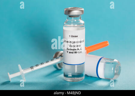 One Dose Of Meningococcal Vaccine In Vials With Syringe Over Turquoise Background Stock Photo