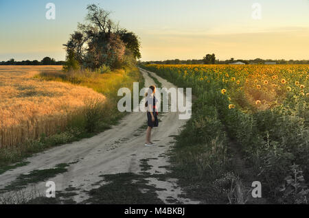 The grass is a path through the field on which the girl is standing. On the one hand, sunflowers, and on the other - wheat sprouts Stock Photo